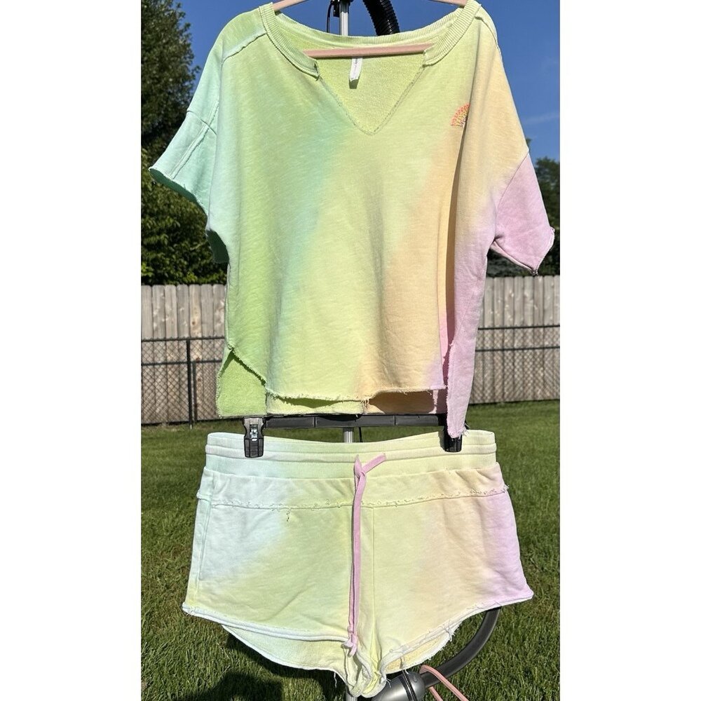 Anthropologie Daily Practice Top Shorts Set L/XL Rainbow Tie‎ Dye Split Neck